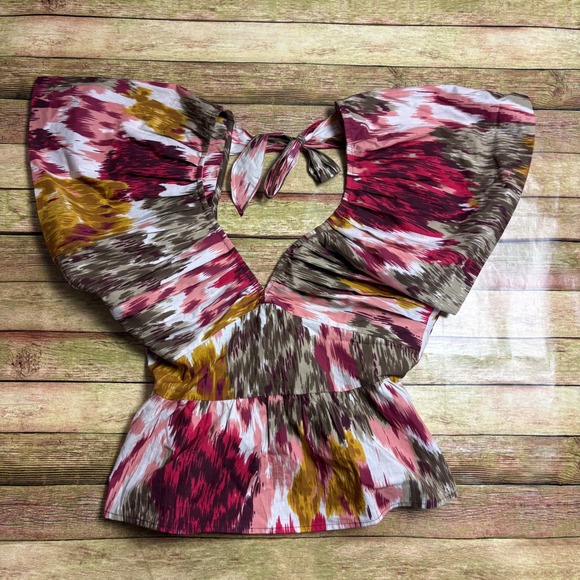Love The Label Tops - Love the Label Abstract Ikat Flutter Sleeve Tie Back Peplum Top Pink Ochre XS